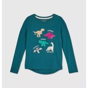 Cat & Jack Girls Long Sleeve Flip Sequin Dinosaurs T-Shirt Fits Size 4-5 Teal XS